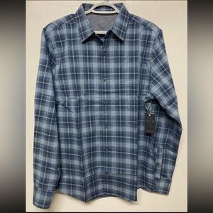 Flag & Anthem Mens Button Up Shirt Plaid Medium Adult Light Blue Navy Stretch